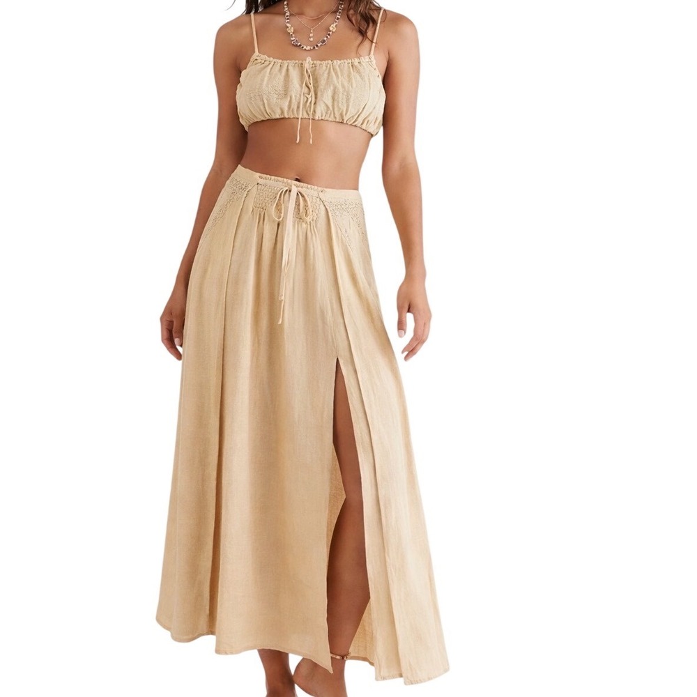 Free People The Prettiest Set  Boho Crop‎ Top Maxi Skirt Lace Slit S